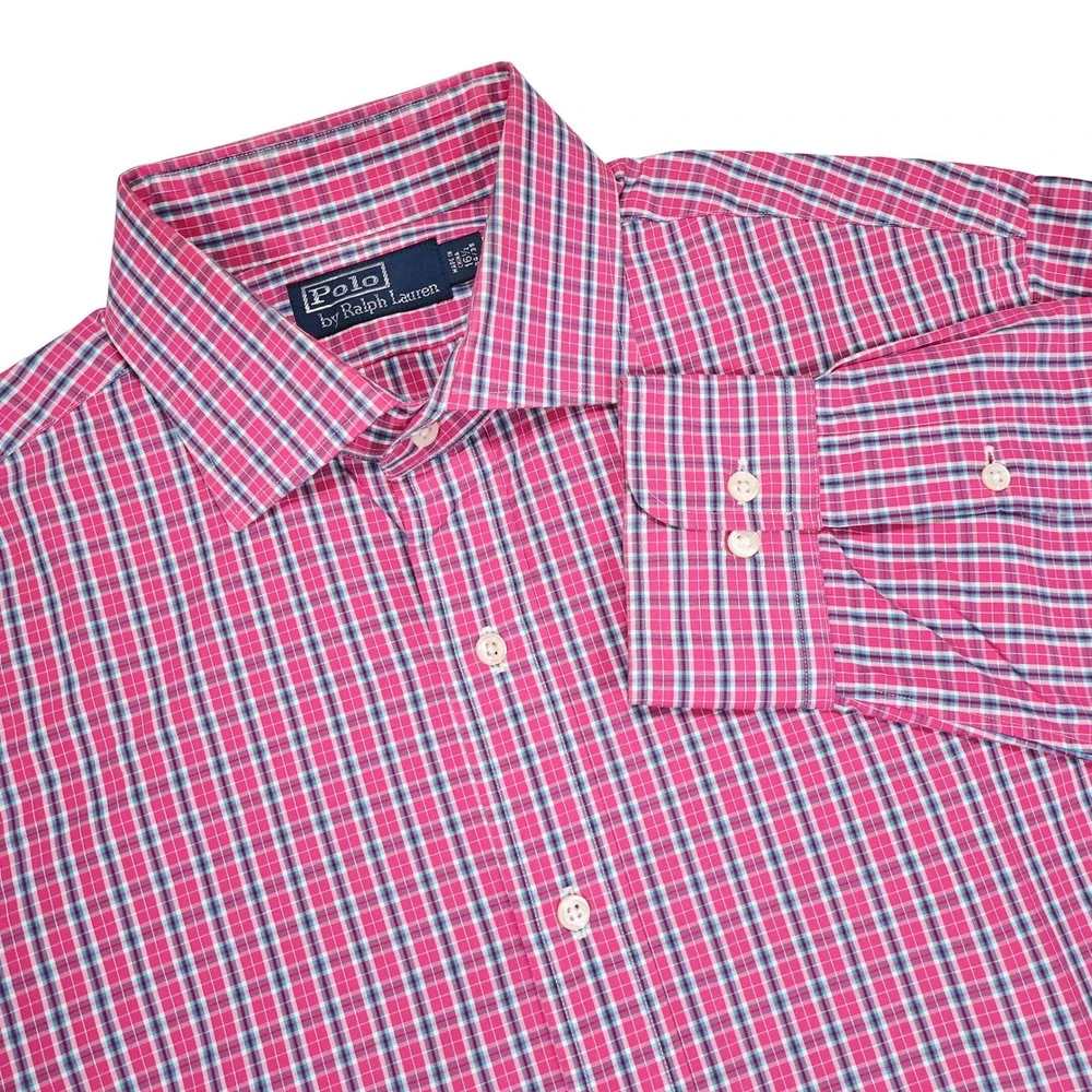 POLO BY RALPH LAUREN Men's 16 1/2 34/35 Pink Blue Plaid Button Up Dress Shirt
